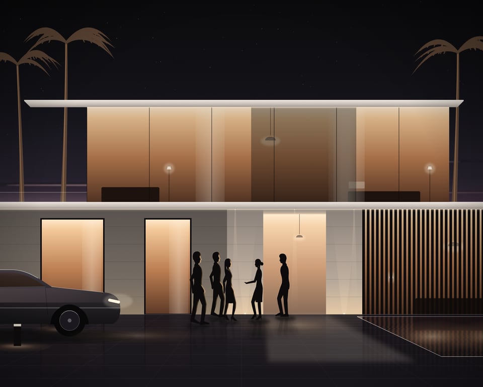 Illustration: three guests arriving by car at a private villa at dusk, the hosts welcoming them at the open door, a reflecting pool beside the drive