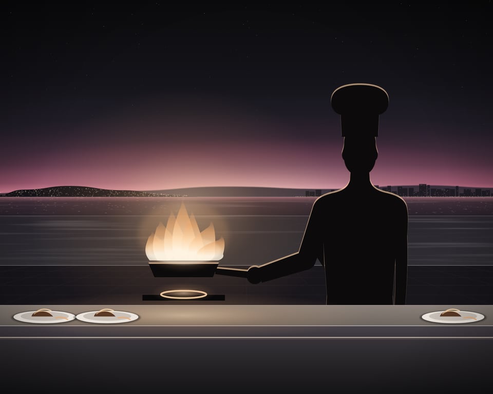 Illustration: a private chef at an outdoor kitchen on a rooftop terrace at dusk, a pan flaring in his hand and plates dressed on the counter