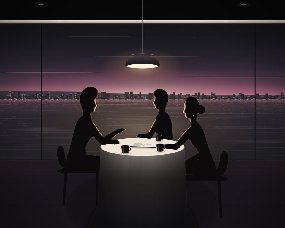 Illustration: a first conversation at a small round table by the window at dusk; a guest explains an idea while the two hosts lean in to listen, a notebook open between them and the bay beyond