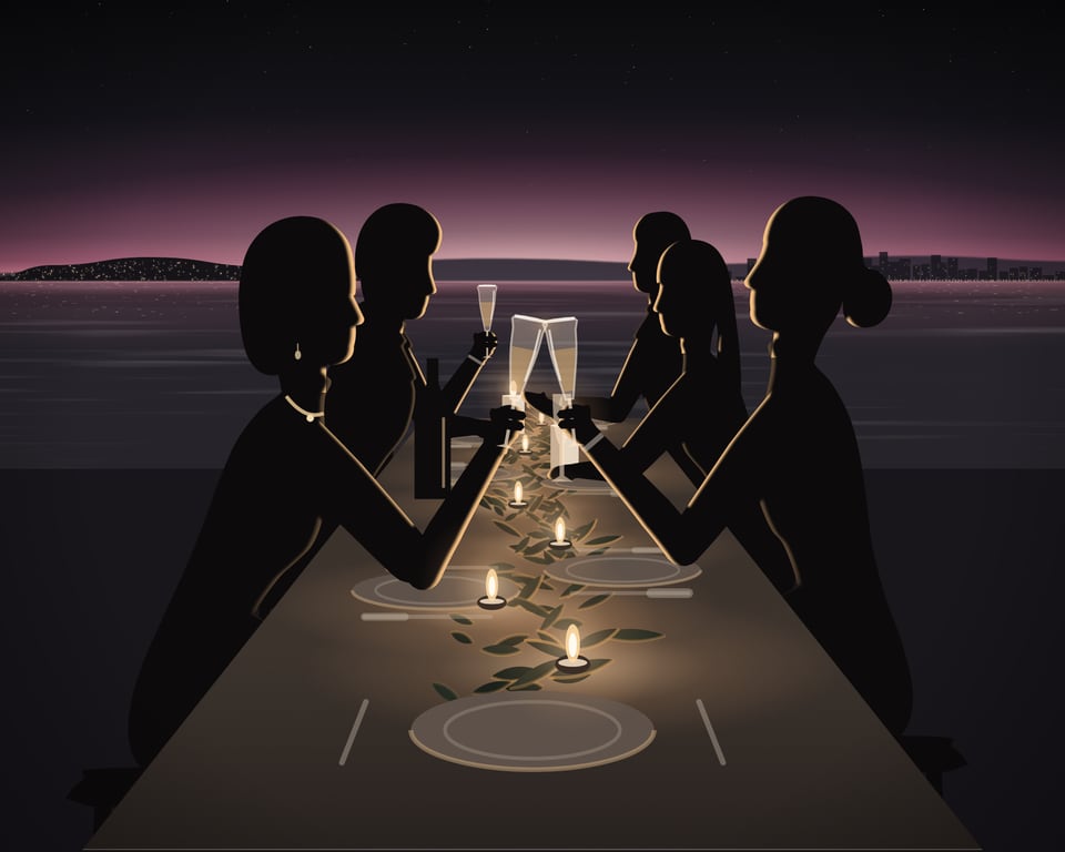 Illustration: a private dinner for a small group on a rooftop terrace above Pattaya Bay at dusk, seen from the head of a candlelit table laid with greenery; two guests touch glasses, the bay beyond