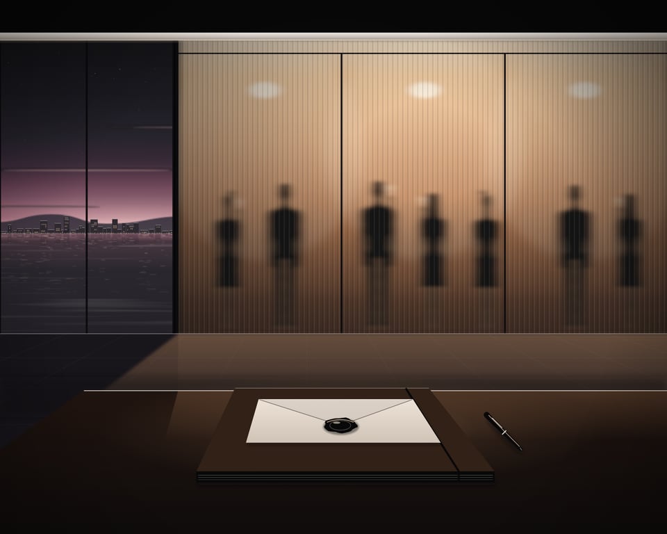 Illustration: a private event behind reeded glass at dusk, the guests only soft silhouettes; in front, a sealed envelope and a pen on a closed folder
