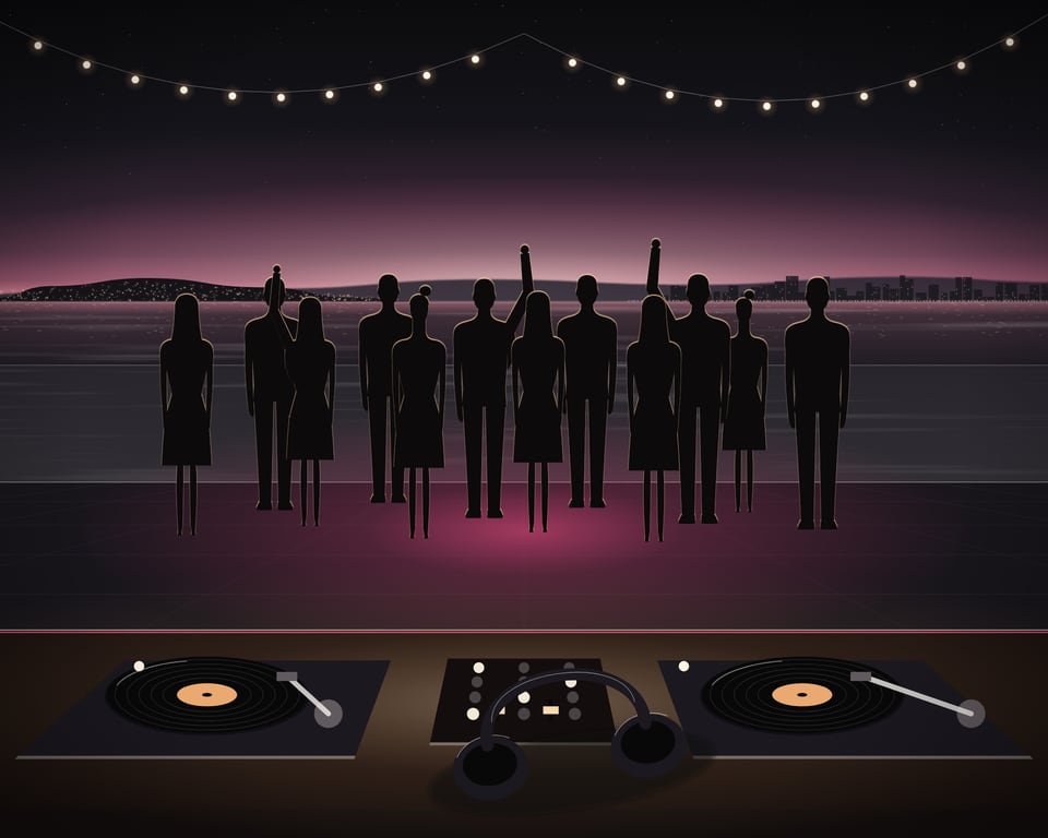 Illustration: a DJ’s decks on a rooftop terrace at dusk, headphones resting beside the turntables, and guests dancing beyond them under festoon lights