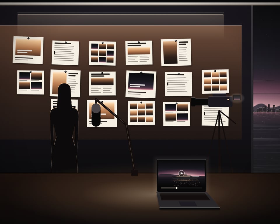 Illustration: a studio at dusk with a wall of pinned page proofs, a host looking up at them from behind the desk, a broadcast microphone on its arm, a laptop playing a film and a video camera on its tripod, a narrow window onto the bay
