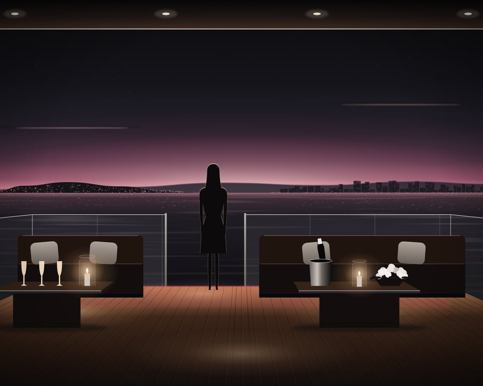 Illustration: the aft deck of a private yacht at dusk set for the evening before the guests arrive: lounge sofas, lanterns, flutes and a bottle on ice, and the hostess waiting at the open stern gate