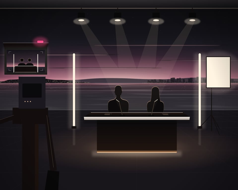 Illustration: behind a studio camera on a rooftop terrace at dusk, its viewfinder showing the shot: two hosts at a presenter’s desk with microphones, lit between two columns of light, the bay behind them