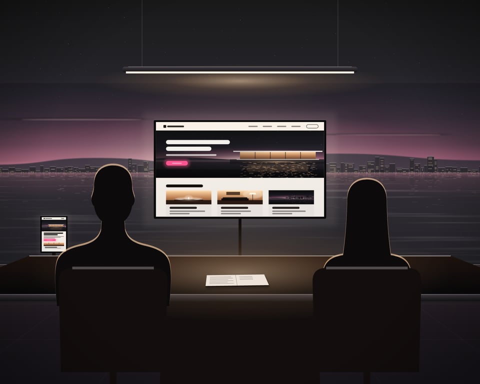 Illustration: the two hosts at a table in a studio at dusk, seen from behind, reviewing a new website on a large display, the same site on a tablet beside it, the bay beyond the glass