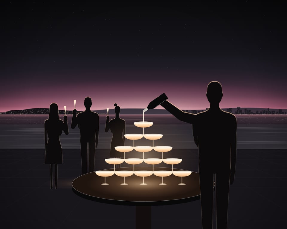 Illustration: a champagne tower glowing on a rooftop terrace at dusk, a waiter pouring into its top glass and guests raising their glasses beyond