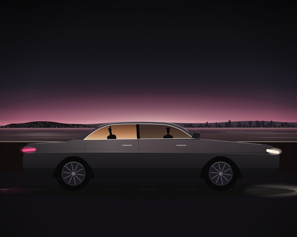 Illustration: a long dark saloon car on the coast road at dusk, its headlamps on, a chauffeur at the wheel and a guest in the back of the warm-lit cabin, the bay and the city lights beyond