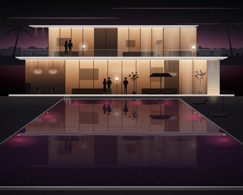 Illustration: a private pool villa at dusk in the hills of Pattaya, with guests at dinner and on the terraces