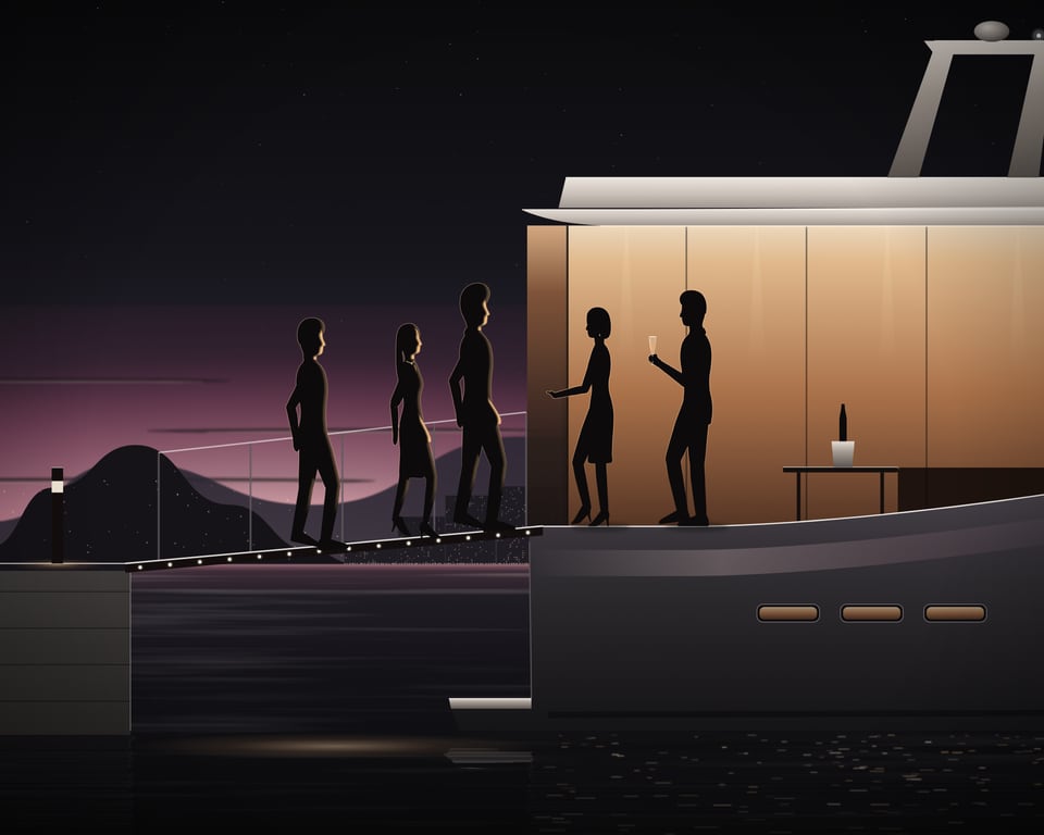 Illustration: three guests walking up the lit passerelle of a private yacht at dusk, the hosts welcoming them aboard on the aft deck