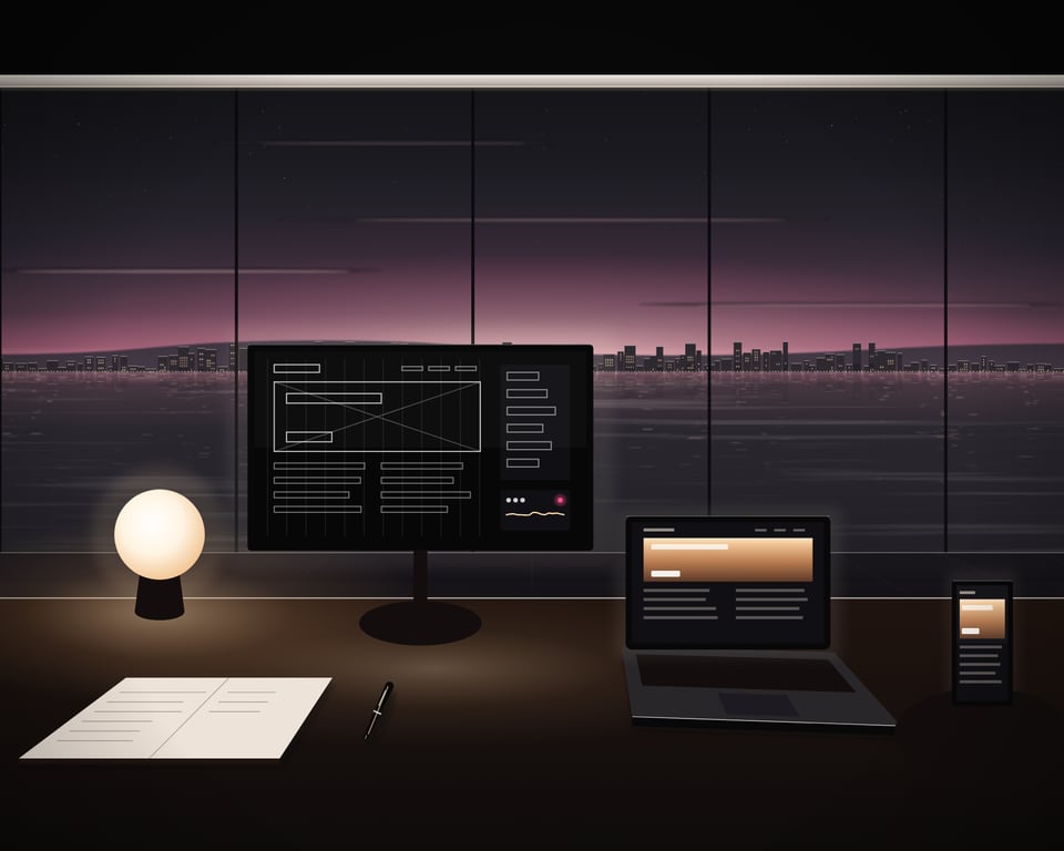 Illustration: a desk before the bay at dusk: a web page in design on a large screen, the same page built on a laptop and a phone, a notebook and a glowing globe lamp