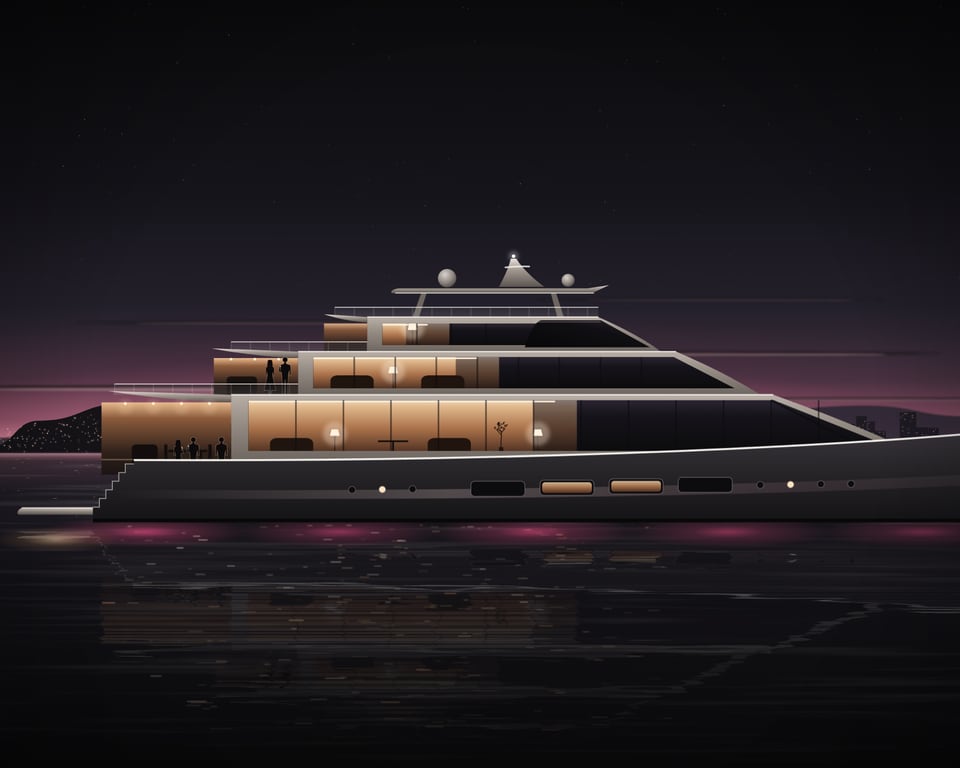 Illustration: a private yacht at dusk off the Pattaya coast, with guests on its warm-lit decks